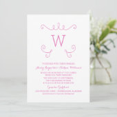 Pink Whimsical Flourish Monogram Wedding Invite Kaart (Staand voorkant)