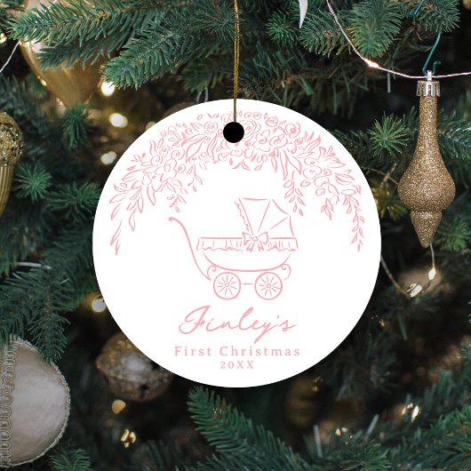 Pink Whimsical Stroller Baby's First Christmas Keramisch Ornament