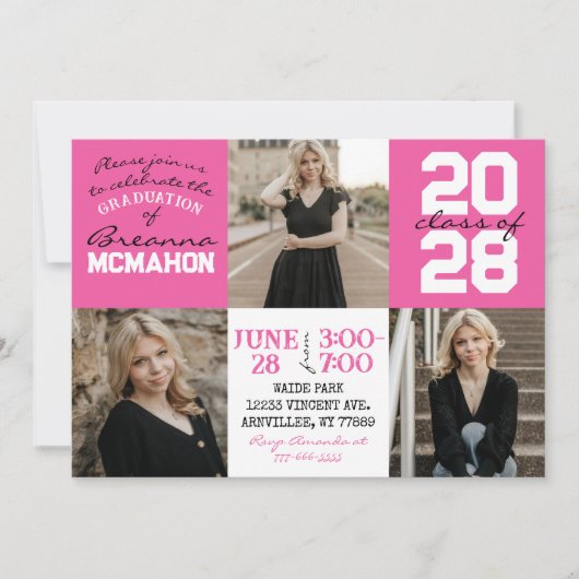 Pink & White 3 Photo Graduation Invitation (Devant)