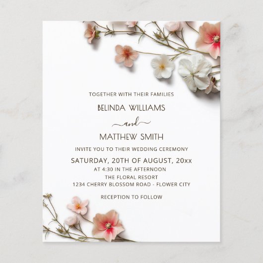 Pink White 3D Wildflowers BUDGET Wedding Flyer (Voorkant)