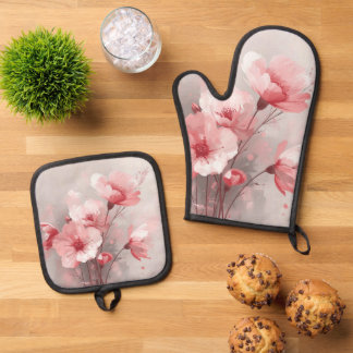 Pink, White, and Gray Foral Ovenwant & Pannenlap Set