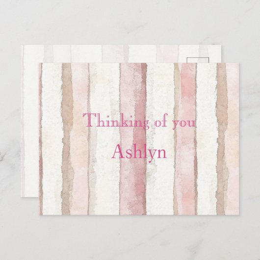 Pink White Beige Stripes Thinking of you Briefkaart (Voorkant / Achterkant)
