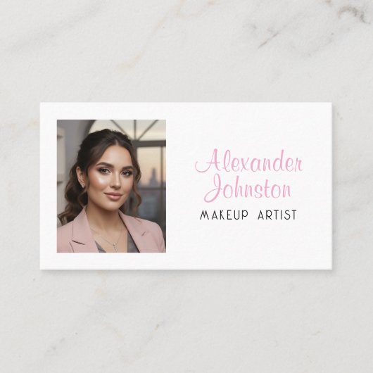 Pink White & Black Script Makeup Photo Personalize Visitekaartje (Voorkant)