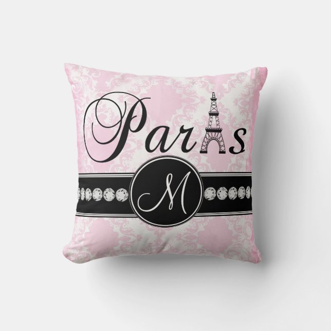 Pink White Damask Black Parisian Monogram Pillow Kussen (Voorkant)