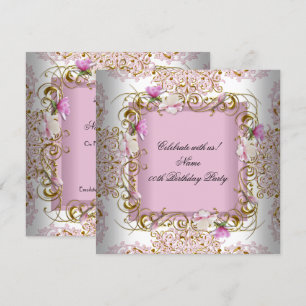 Pink White Damask Gold Flowers Birthday Party Kaart