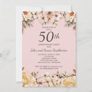 Pink White Floral 50th Wedding Jubileum Party Kaart