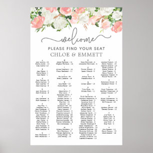 Pink White Floral Alfabetical Wedding Seating Seat Poster