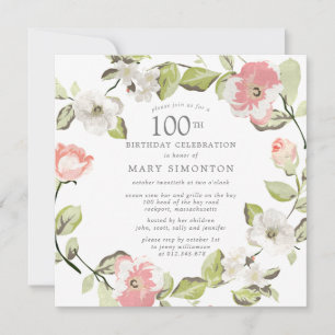 Pink White Floral Botanical 100th Birthday Party Kaart