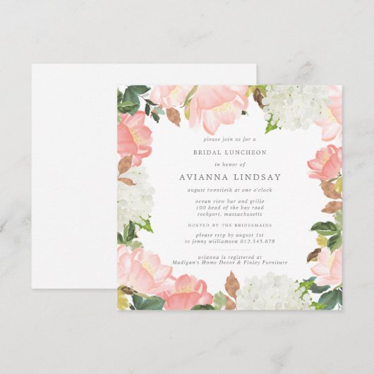Pink White Floral Botanical Bridal Luncheon Kaart (Voorkant / Achterkant)