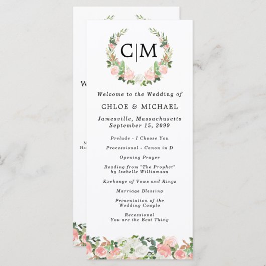Pink White Floral Monogram Wreath Wedding Programm Programma (Voorkant / Achterkant)