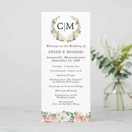 Pink White Floral Monogram Wreath Wedding Programm Programma (Staand voorkant)