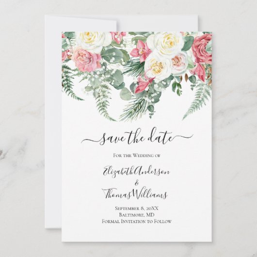 Pink White Floral Rozen Greenery Save the Date Kaart (Voorkant)