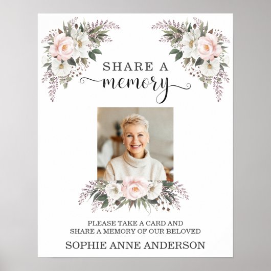 Pink White Floral Share a Memory Funeral Kaart Sig Poster (Voorkant)