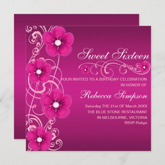 Pink & White Flower Swirl Sweet 16 Invitation d'an (Devant / Derrière)