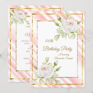 Pink White Flowers Gold Birthday Party Kaart