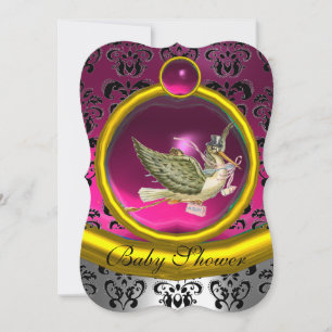 PINK WHITE GOLD DAMASK STORK BABY SHOWER MONOGRAM KAART