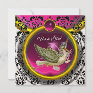 PINK WHITE GOLD DAMASK STORK BABY SHOWER MONOGRAM KAART