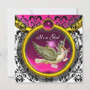 PINK WHITE GOLD DAMASK STORK BABY SHOWER MONOGRAM KAART