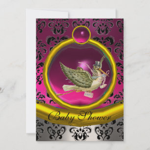 PINK WHITE GOLD DAMASK STORK BABY SHOWER MONOGRAM KAART