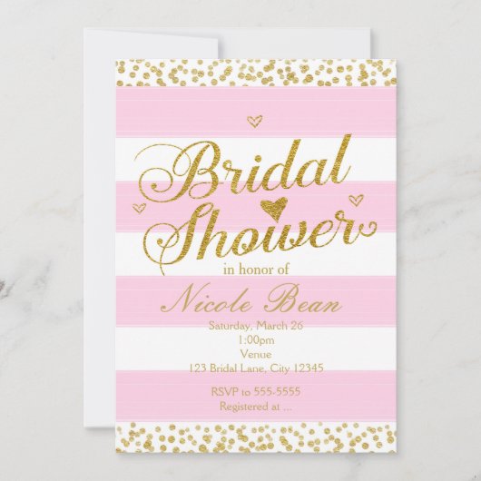 Pink White & Gold Hearts BRIDAL SHOWER Invitations (Devant)