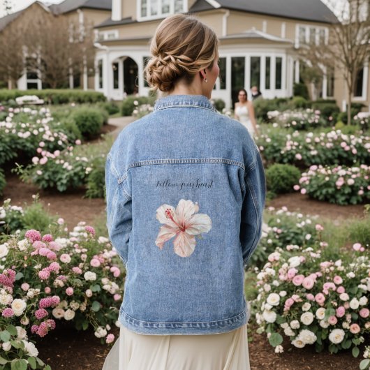 Pink White Hibiscus Flower Denim Jacket (Huwelijk Achterkant)