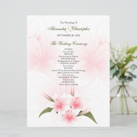 Pink & White Lilies Programme de mariage (Debout devant)