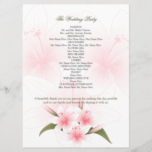 Pink & White Lilies Programme de mariage (Dos)