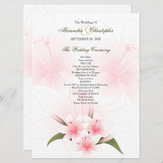 Pink & White Lilies Programme de mariage (Devant / Derrière)