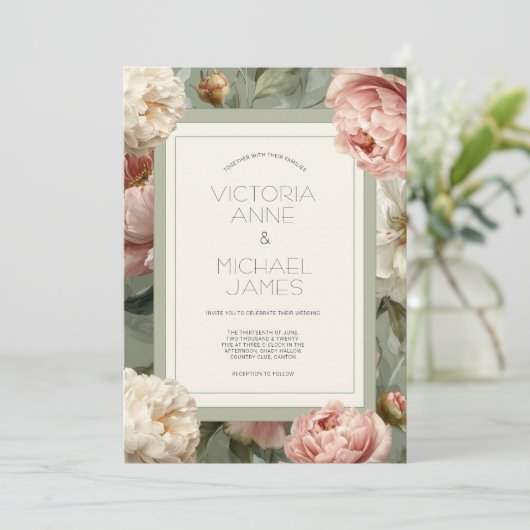 Pink & White Peonies Floral Wedding Invitation Kaart (Staand voorkant)