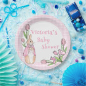 Pink White Plaid Bunny Baby shower Papieren Bordje (Feest)