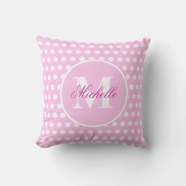 Pink White Polka Dot Monogram Pillow Kussen (Voorkant)