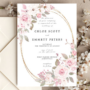 Pink White Rose Floral Waterolor Wedding Kaart