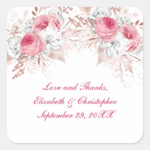 Pink White Rose Gold Floral Trendy Wedding Vierkante Sticker