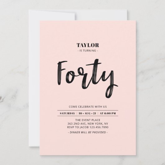Pink & White Simple 40th Birthday Party Kaart (Voorkant)
