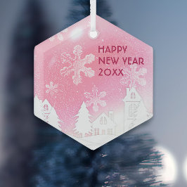 Pink White Snow House Gelukkig Nieuwjaar Glas Ornament