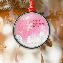 Pink White Snow House Gelukkig Nieuwjaar Metalen Ornament