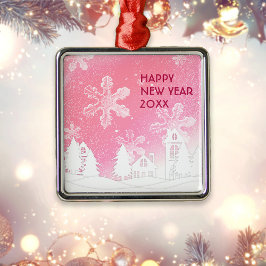Pink White Snow House Gelukkig Nieuwjaar Metalen Ornament