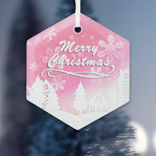 Pink White Snow House Merry kerst Glas Ornament