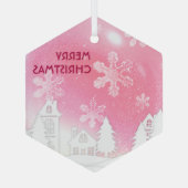 Pink White Snow House Merry kerst Glas Ornament (Achterkant)