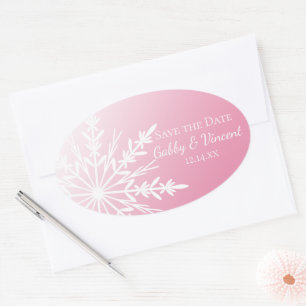 Pink White Snowflake Winter Wedding Save the Date Ovale Sticker
