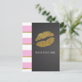 Pink & White Stripe Faux Gold Shimmer Lips Event Briefkaart (Staand voorkant)