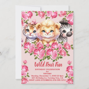 Pink Wild Four Fun 4 jaar oude meisje verjaardagsf Kaart