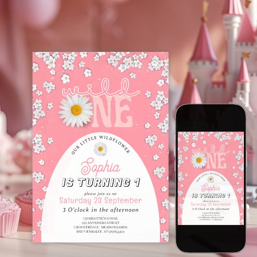 Pink Wild One Daisy 1st Birthday Invitation