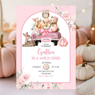 Pink Wild One Woodland Pumpkin Truck 1e verjaardag Kaart