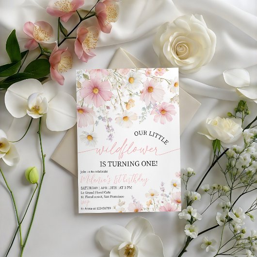 Pink Wildflower 1st Birthday Invitation