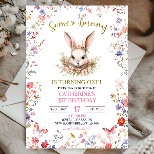 Pink Wildflower Bunny Birthday Invitation