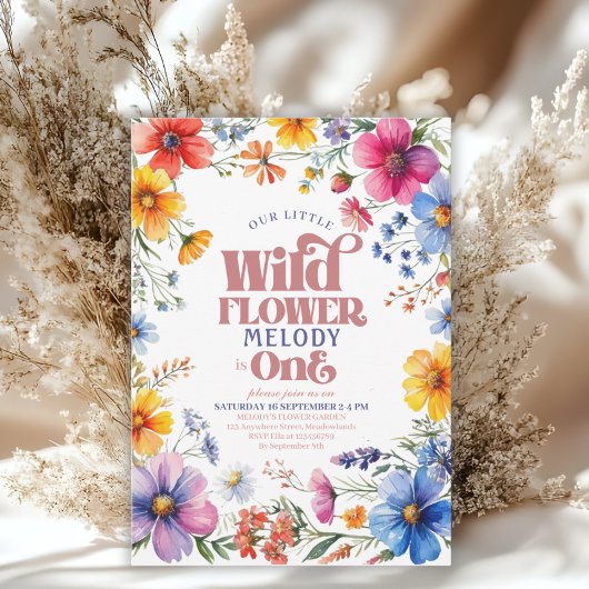 Pink Wildflower Wild One 1st birthday Invitation