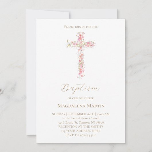pink wildflowers cross | Baptism Invitation (Devant)