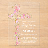 pink wildflowers cross Baptism Invitation Acryl Uitnodigingen (Voorkant)