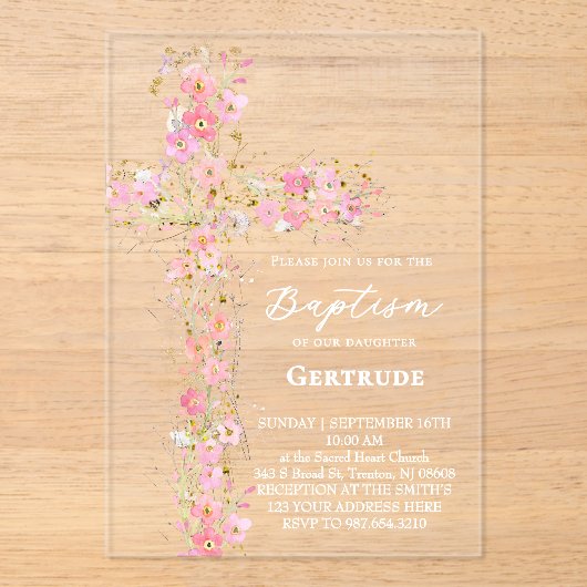 pink wildflowers cross Baptism Invitation Acryl Uitnodigingen (Voorkant)